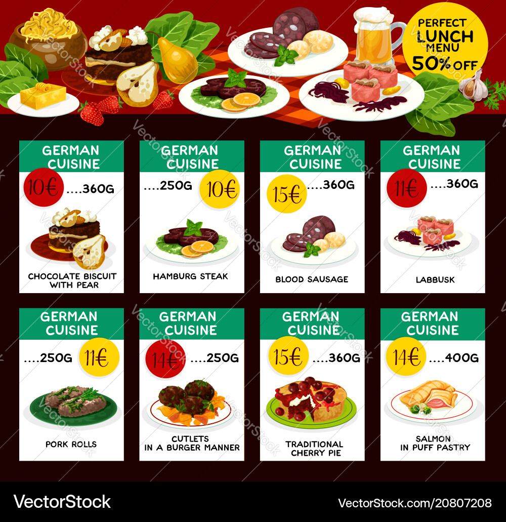 Deutsche Küche Menü Preis Karten vektorbild