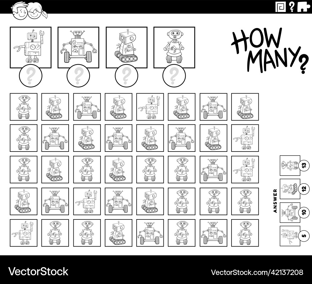 How many cartoon robots counting game coloring How many cartoon robots counting game coloring vector image