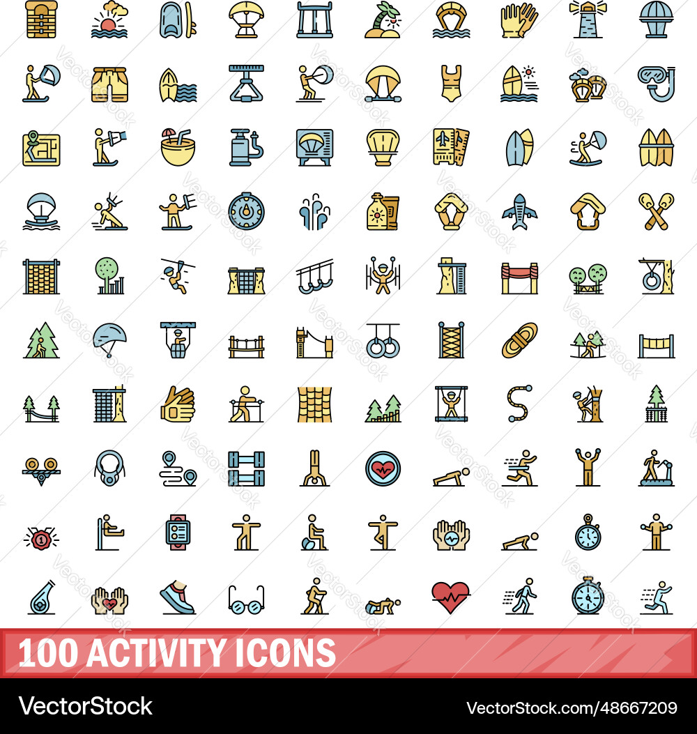 100 activity icons set color line style 100 activity icons set color line style Vector Image
