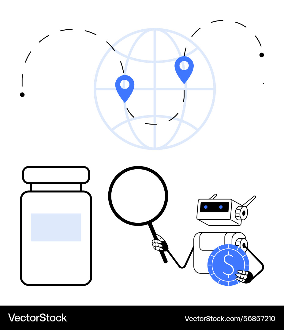 Robot analyzing supply chain with focused search Vector Image