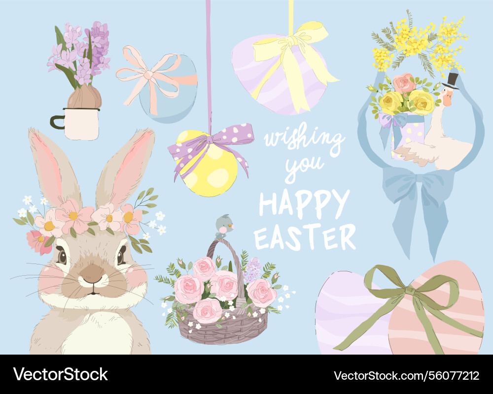 Happy easter set with cute bunny and easter Vector Image