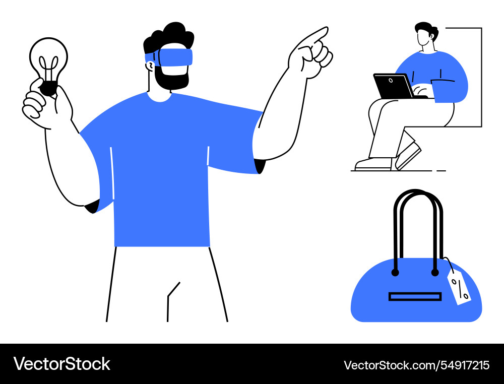 Man with vr headset pointing while holding light Man with vr headset pointing while holding light vector image