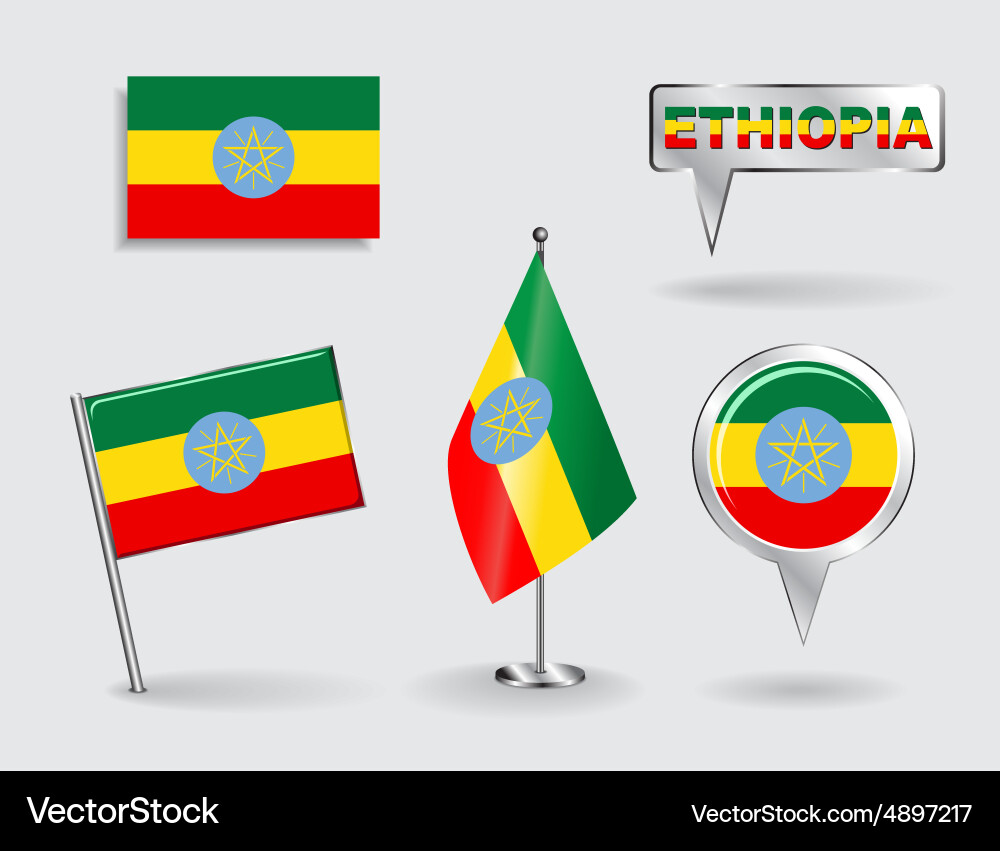 Set of ethiopian pin icon and map pointer flags Vector Image
