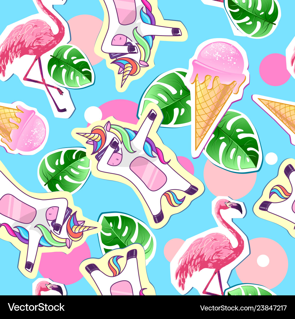 Summer Unicorn & Flamingo Pattern Vector Image