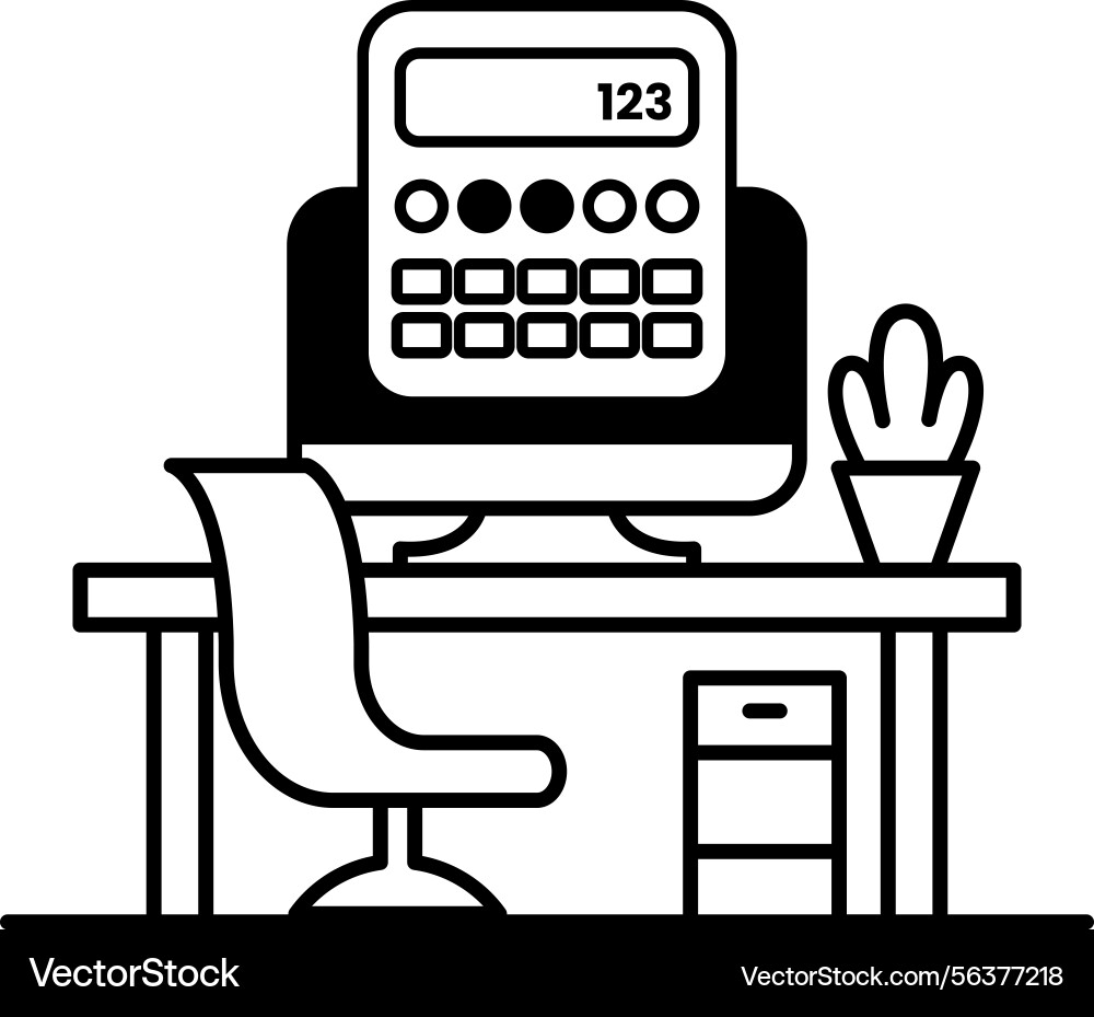 Computer monitor sits on a desk with calculator Computer monitor sits on a desk with calculator vector image
