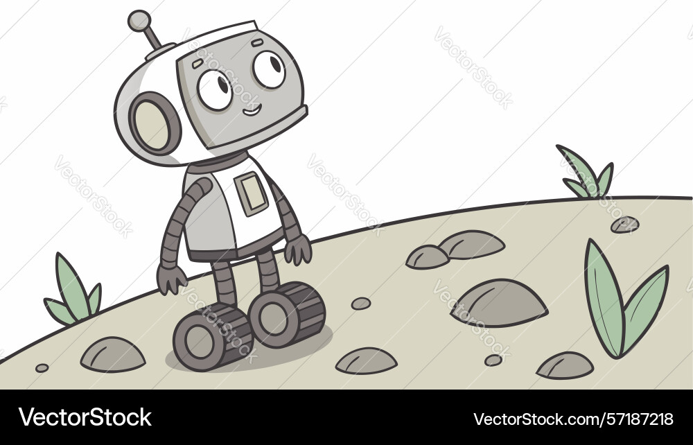 Curious robot on an adventure path simple vector image