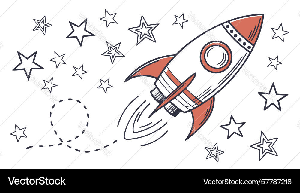 Outline rocket in space with stars line art Vector Image