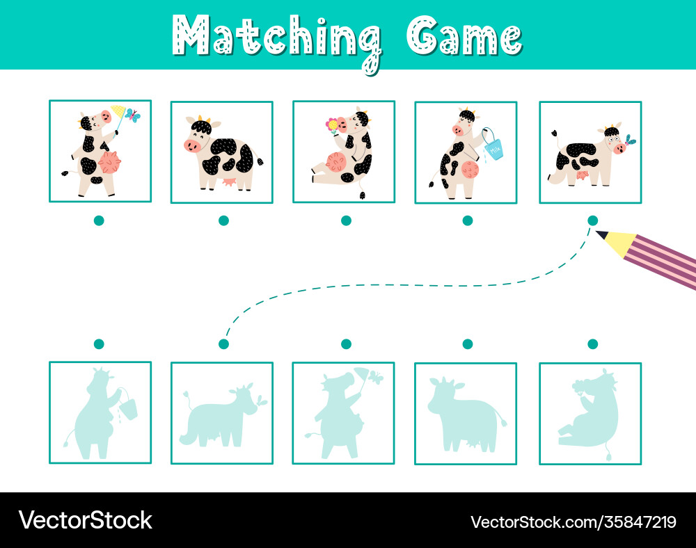 Find correct shadow matching game with cute Find correct shadow matching game with cute vector image