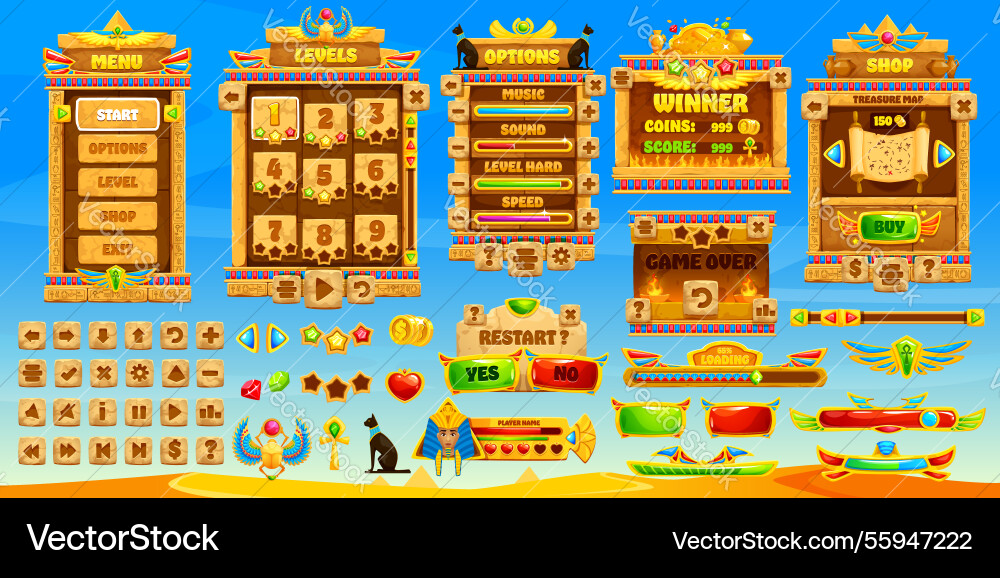 Ancient egypt game interface gui buttons assets Ancient egypt game interface gui buttons assets vector image