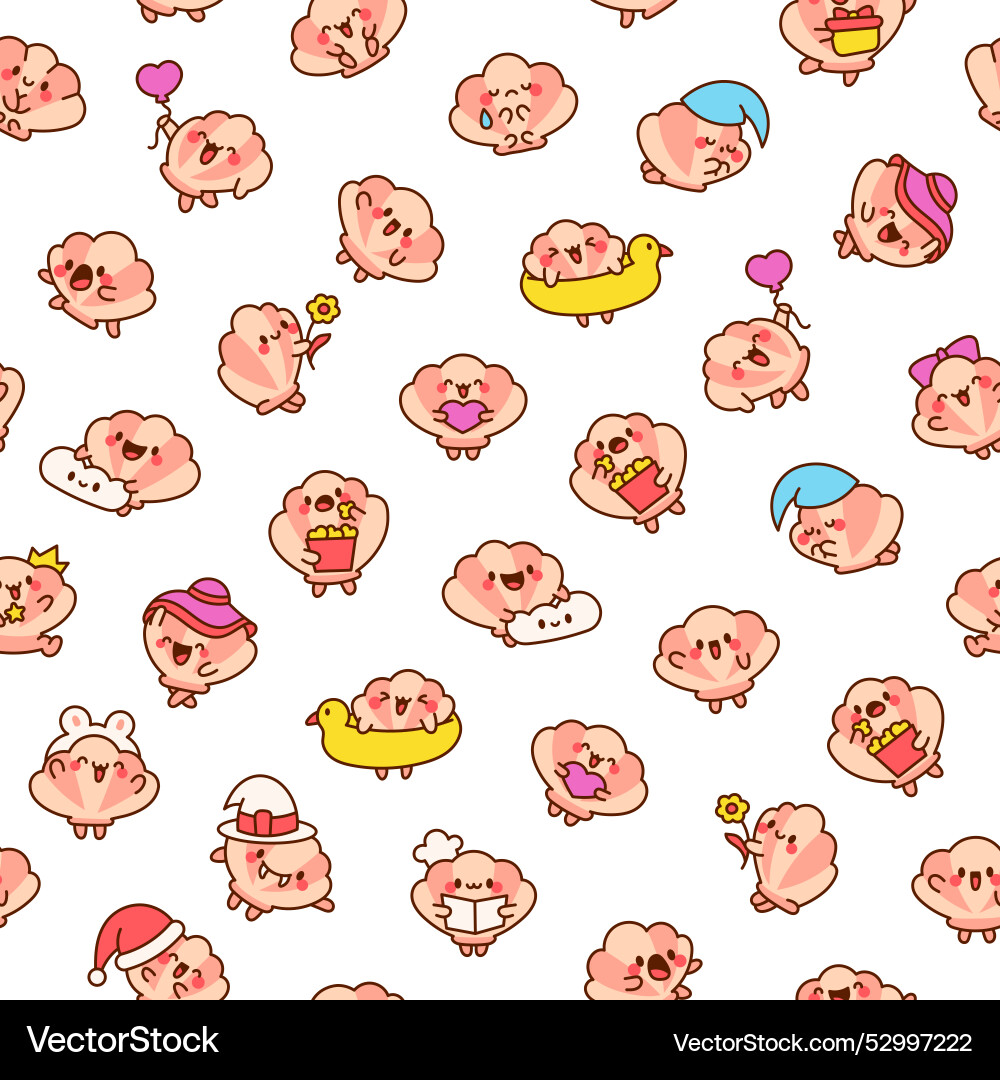 Cute seashell with smiling face seamless pattern Cute seashell with smiling face seamless pattern Vector Image