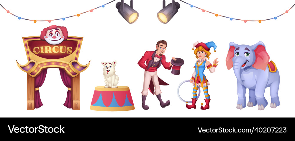 Cartoon circus elements with clown magician man vector image