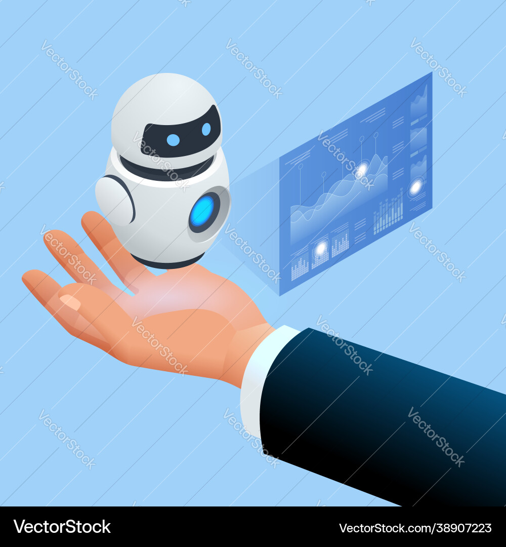 Isometric robot analyzes database artificial Isometric robot analyzes database artificial vector image