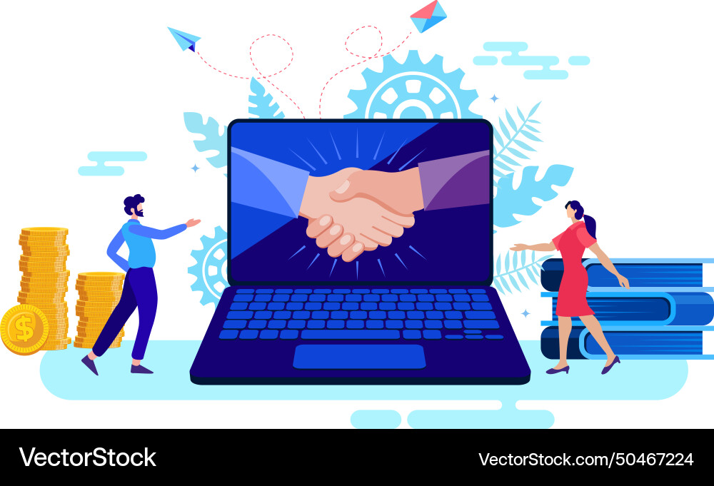 Handshake and congratulations in computer Handshake and congratulations in computer Vector Image