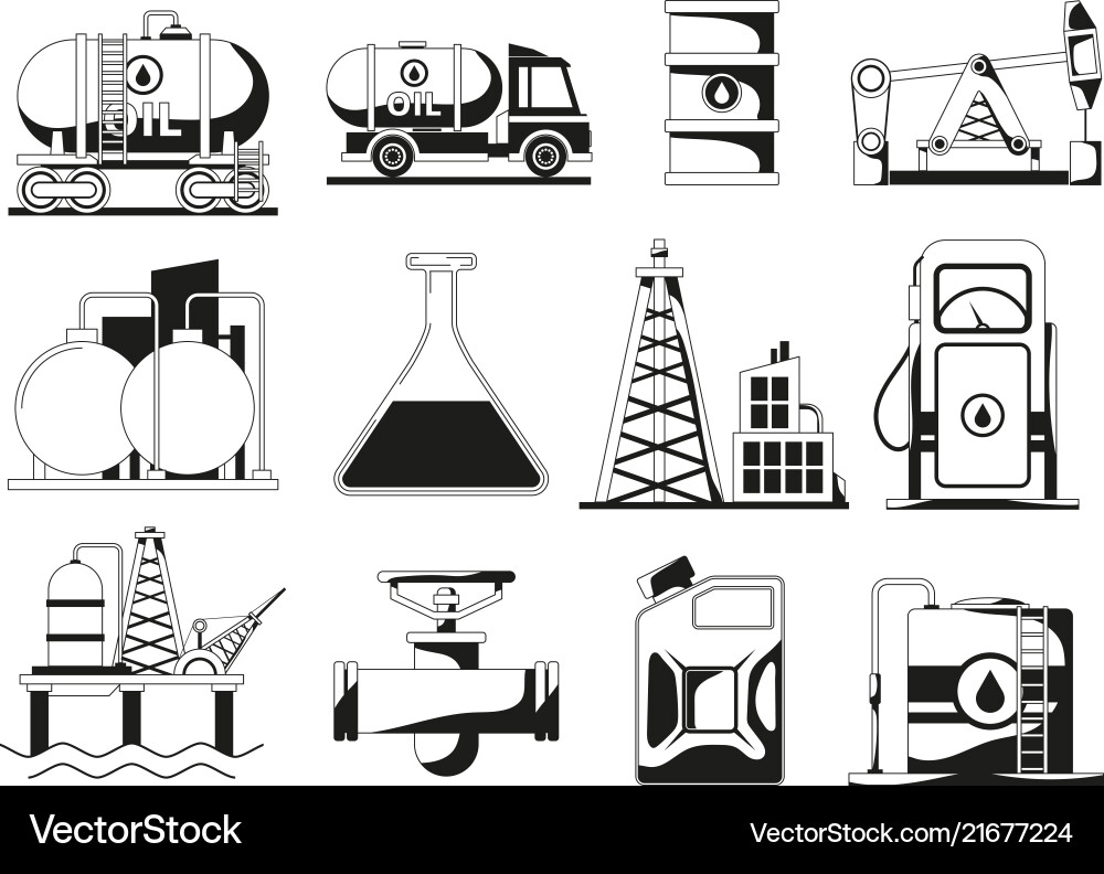 Monochrome black icon set for petroleum industry Monochrome black icon set for petroleum industry vector image
