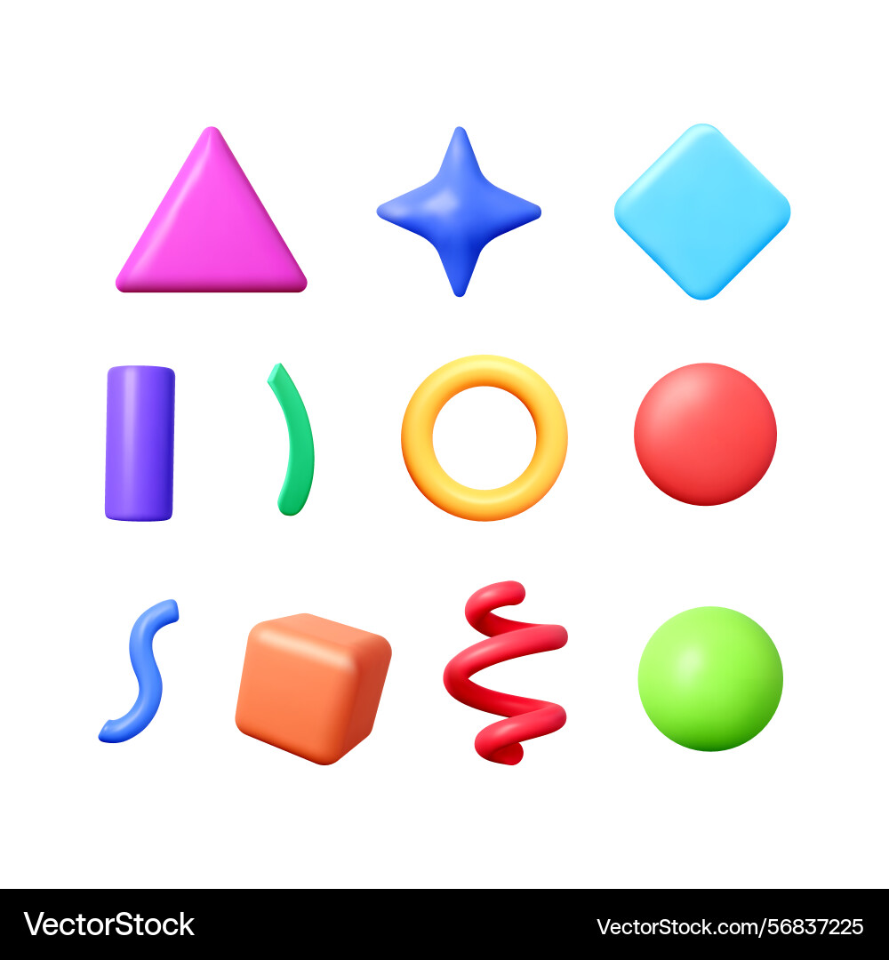 Set of different 3d geometric shapes in various Set of different 3d geometric shapes in various vector image