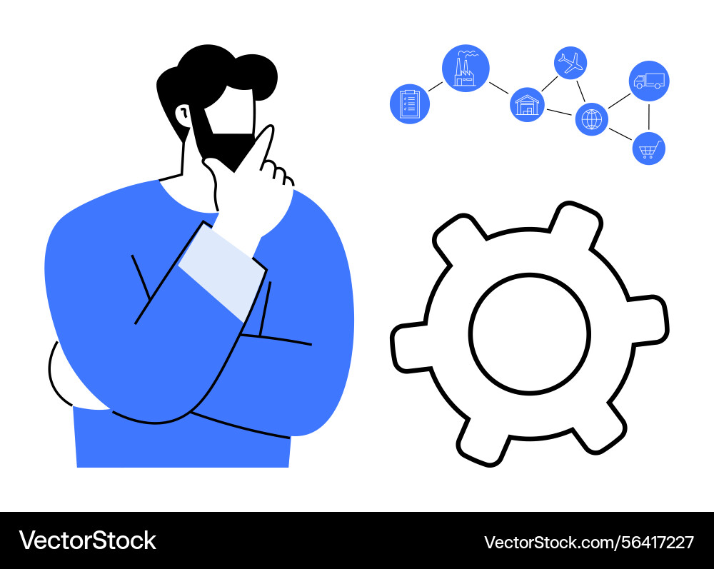 Man thinking about workflow processes with gear Man thinking about workflow processes with gear vector image