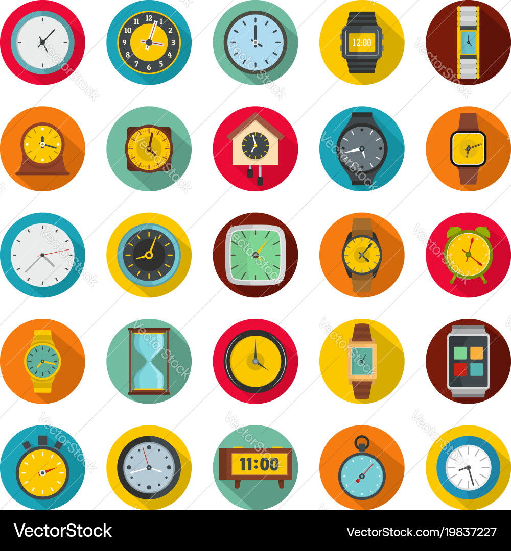 Time and clock icons set flat style vector image