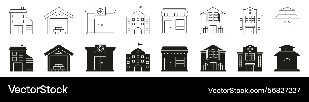 Various building types line and solid icon set Various building types line and solid icon set vector image