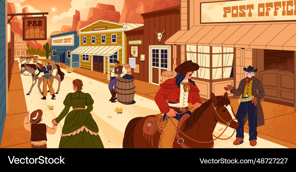 Wild west panorama old american city with wooden vector image