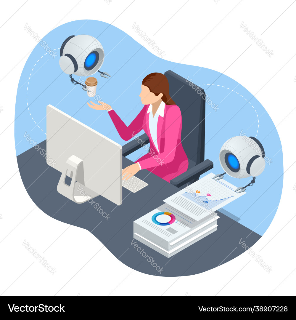 Isometric robot analyzes database artificial Isometric robot analyzes database artificial vector image