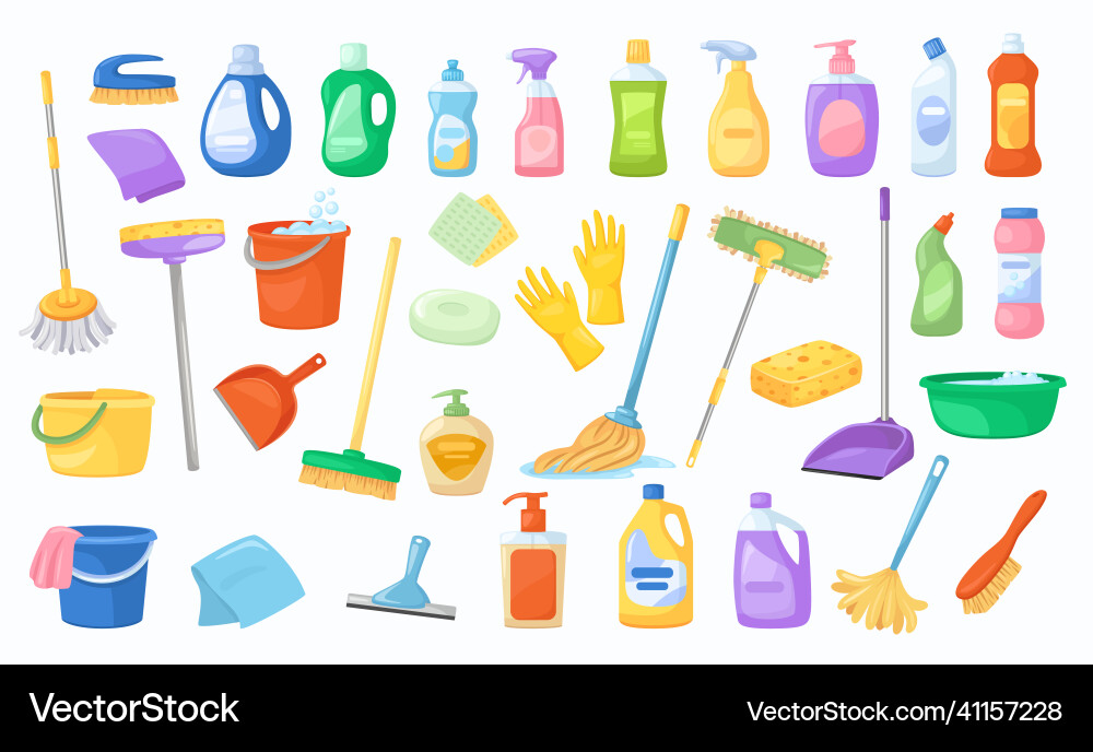 Set of cleaning tools detergents broom and mop Vector Image