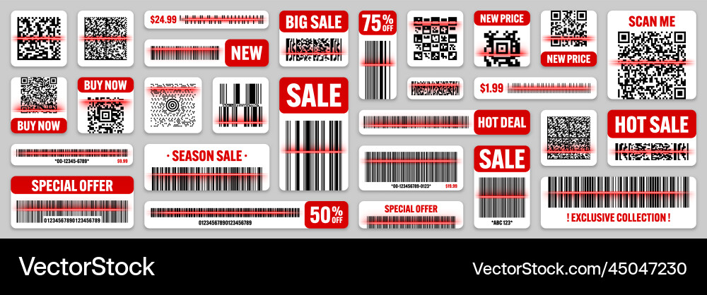 Product barcodes and qr codes with red scanning Product barcodes and qr codes with red scanning Vector Image