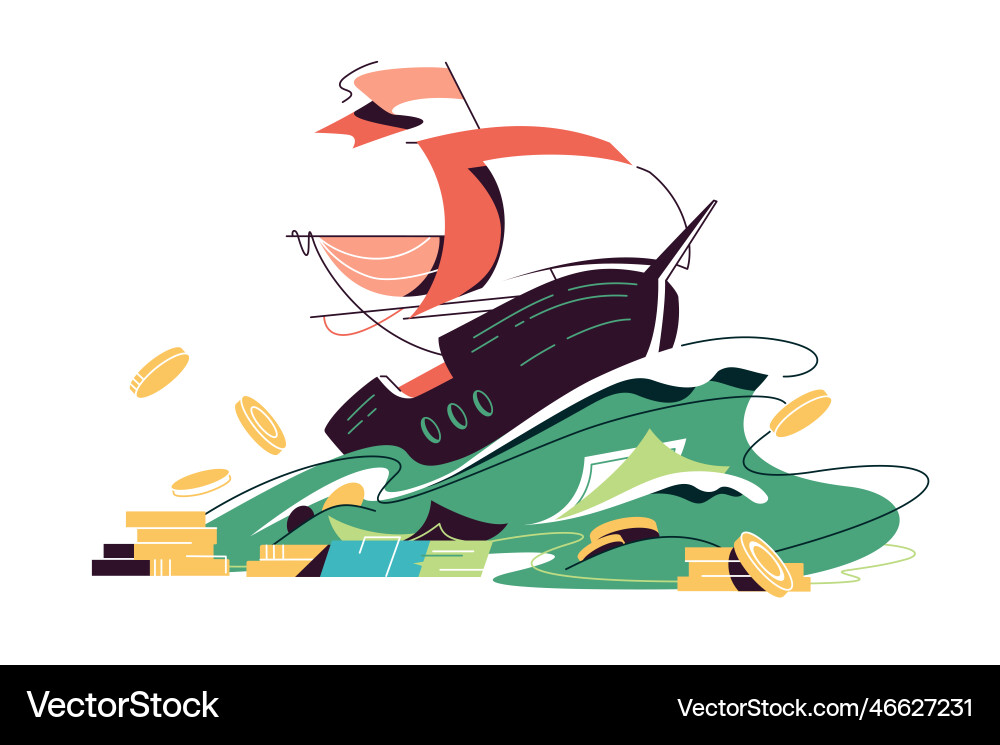 Sailing ship sails on waves of money Sailing ship sails on waves of money Vector Image