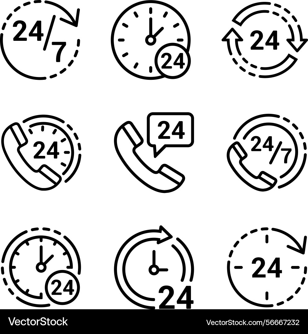 Minimalist 24-7 service icon set with clocks Vector Image