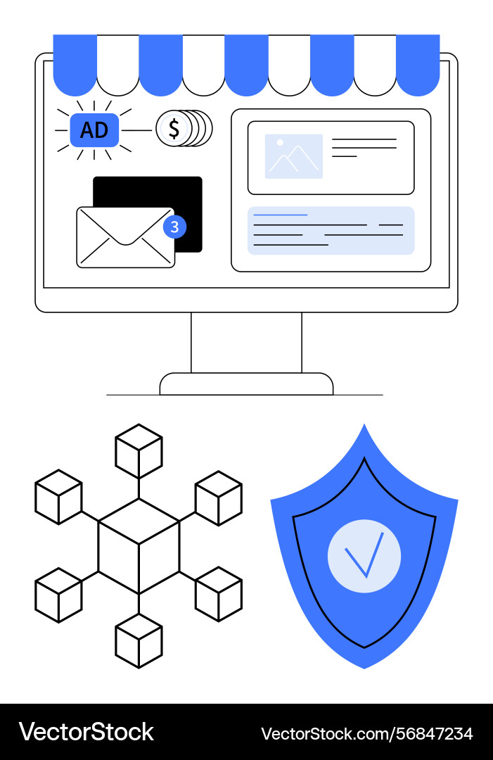 Online storefront with ads blockchain network Online storefront with ads blockchain network vector image