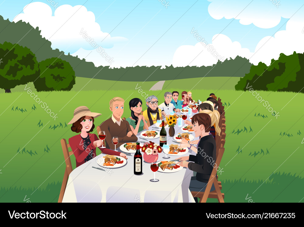 Gruppe der Menschen genießen eine Bauernhof Mahlzeit Vektorbild