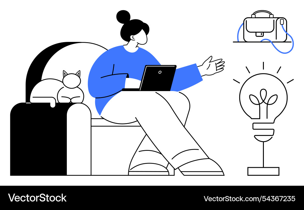 Woman working on laptop with cat lightbulb lamp Woman working on laptop with cat lightbulb lamp vector image