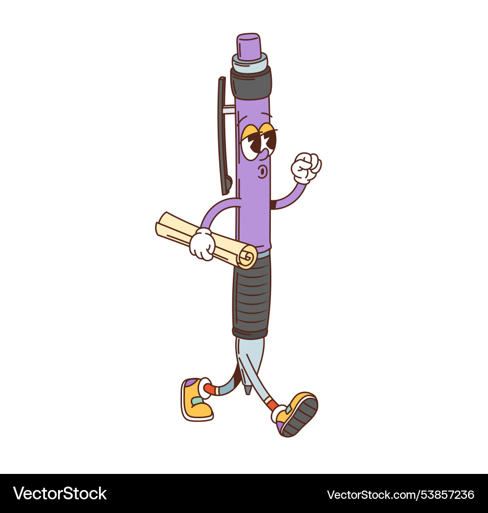 Groovy school pen character confidently walking Groovy school pen character confidently walking vector image