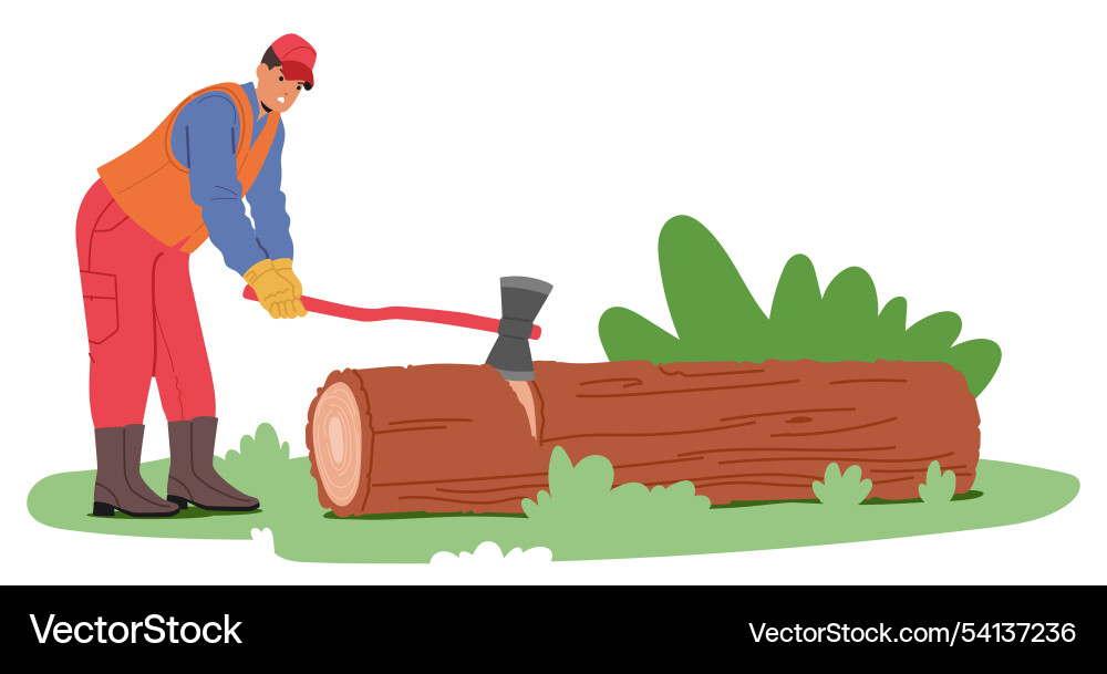 Worker chops a log with an axe demonstrating Worker chops a log with an axe demonstrating vector image