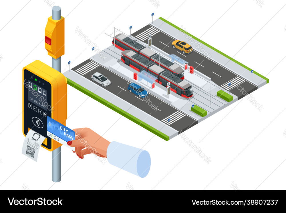 Isometric card ticket validation scanning display Isometric card ticket validation scanning display Vector Image