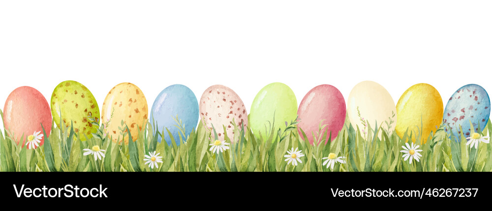 Watercolor Easter Border with Grass & Eggs vector image
