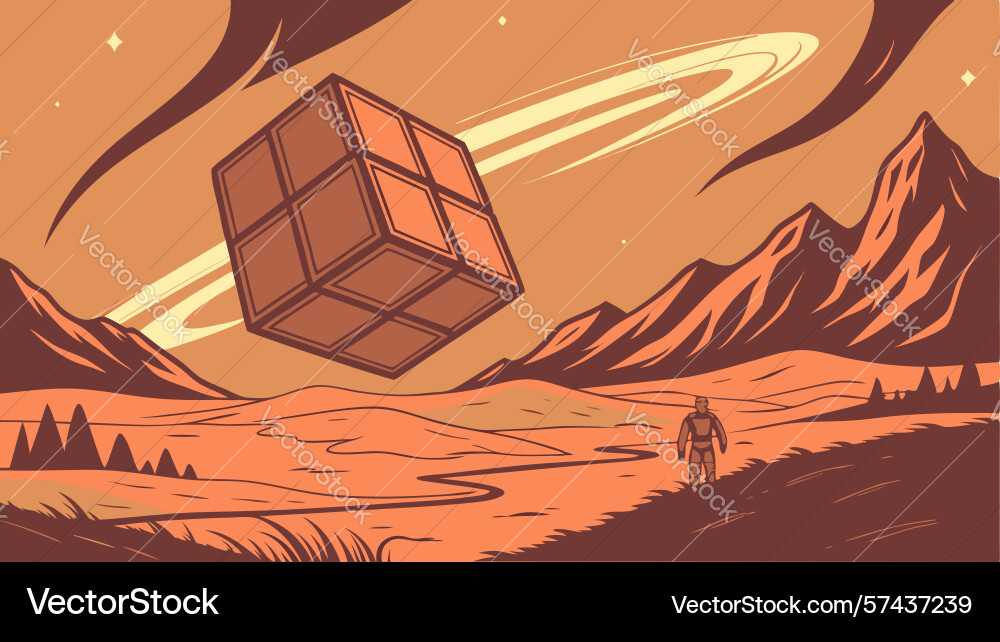Mysterious floating cube in alien desert vector image