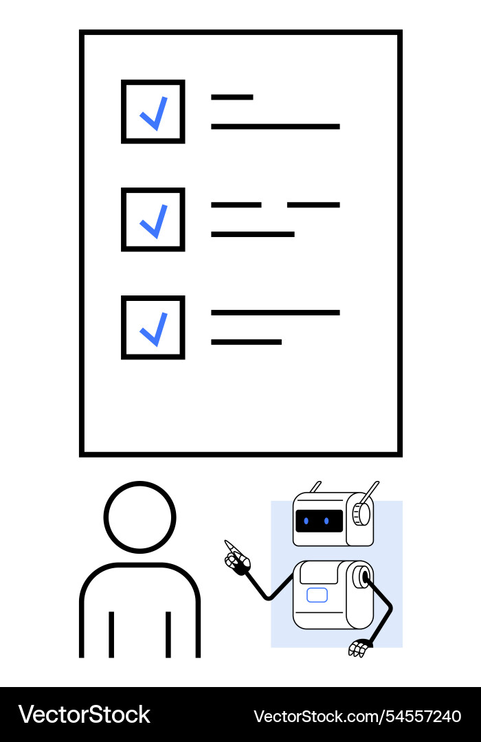 Checklist with human icon and robot pointing Checklist with human icon and robot pointing vector image