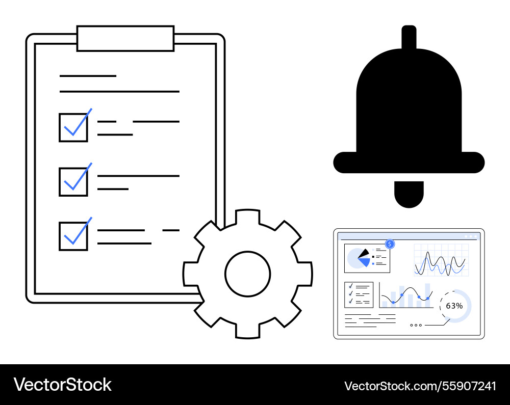 Task checklist analytics dashboard gear settings Task checklist analytics dashboard gear settings vector image