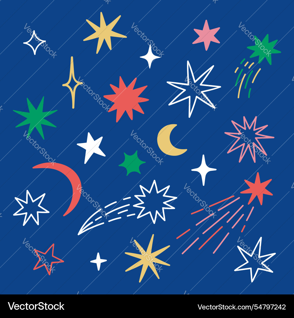 Set of simple style stars moons and comets Set of simple style stars moons and comets vector image