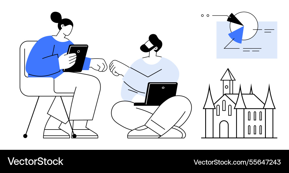 Team collaboration using digital devices with data Team collaboration using digital devices with data vector image