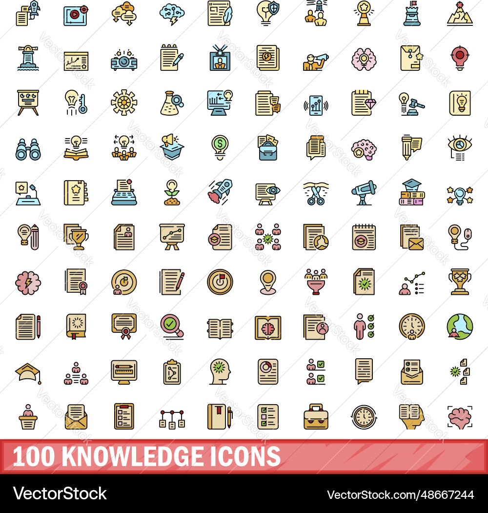 100 knowledge icons set color line style 100 knowledge icons set color line style vector image