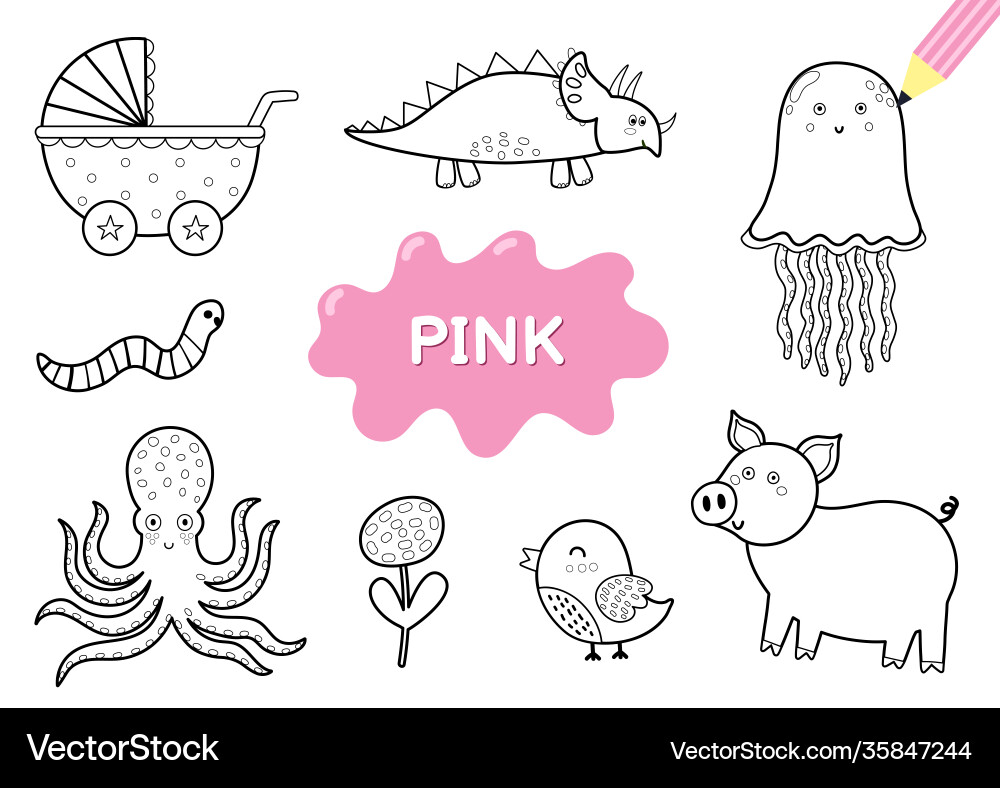 Color elements in pink coloring page for kids vector image