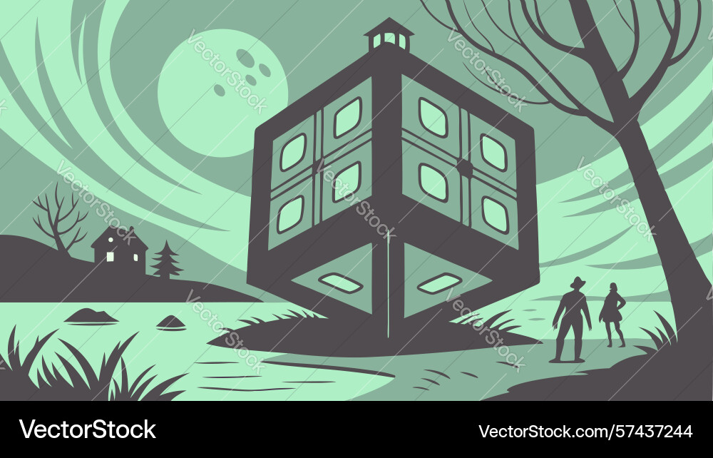 Mysterious cube object in stylized forest scene vector image