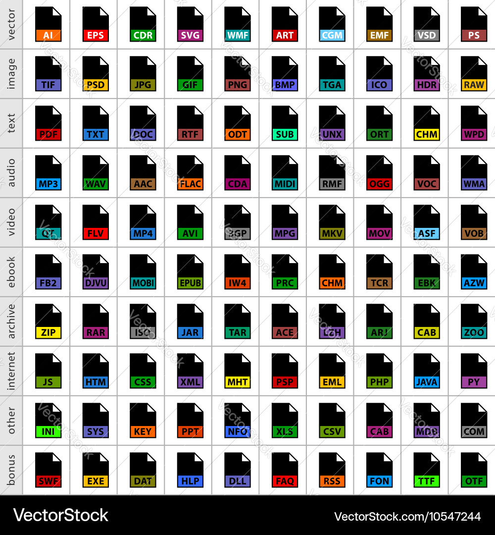 Set file types icons in flat style vector image