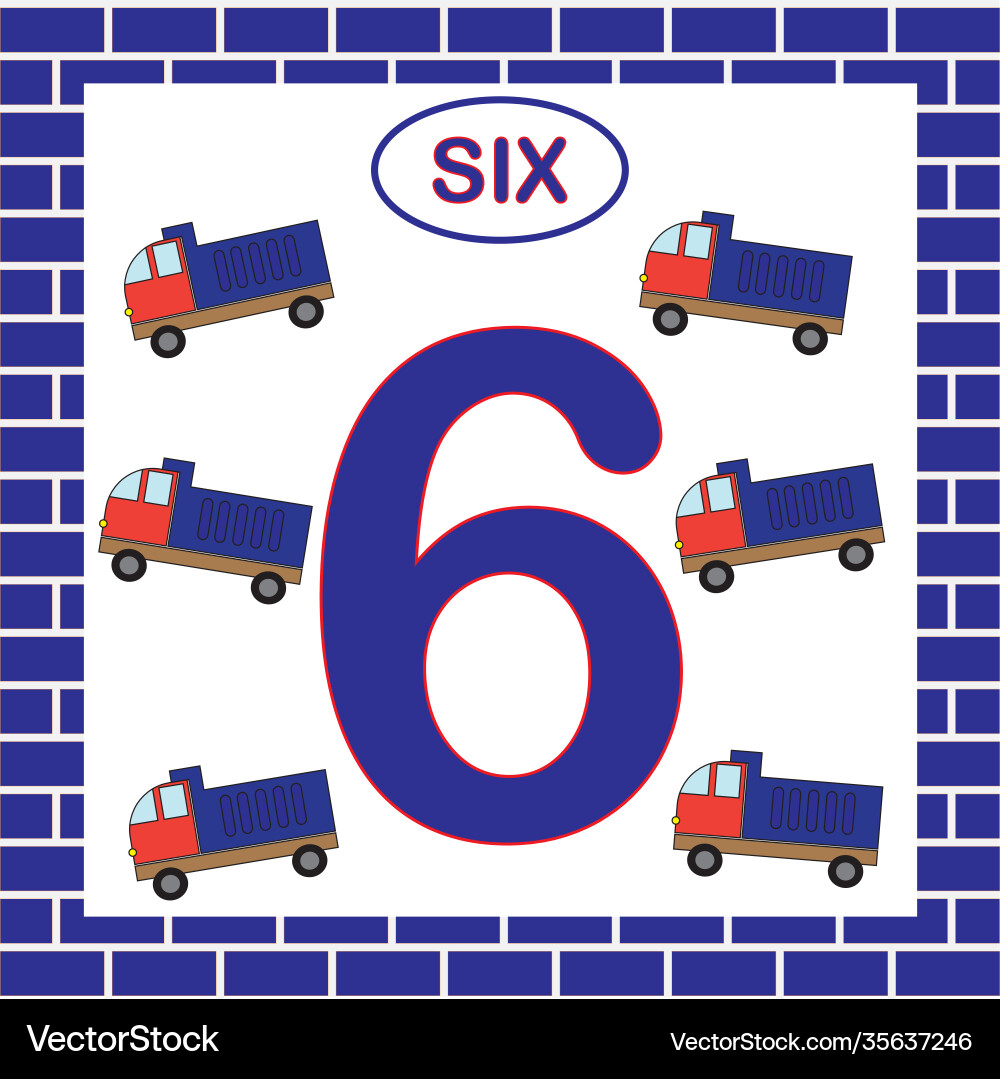 Number 6 six card learning numbers with transport vector image