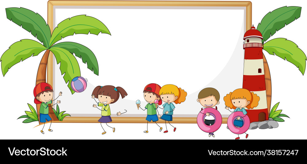 Empty banner with many kids in beach theme vector image