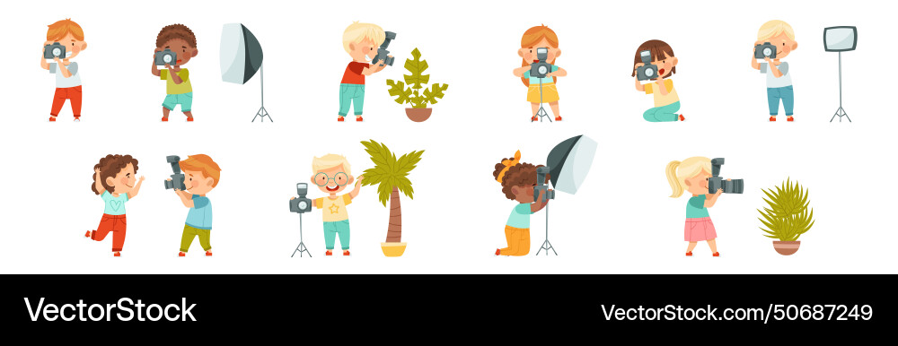 Cute little boy and girl with camera taking Vector Image