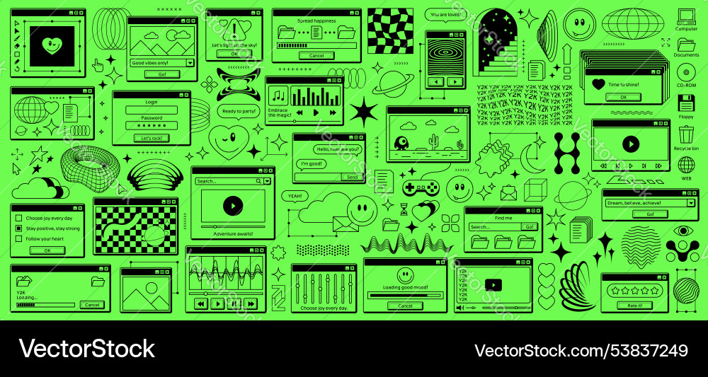 Y2k retro computer window stickers browser pages Y2k retro computer window stickers browser pages vector image