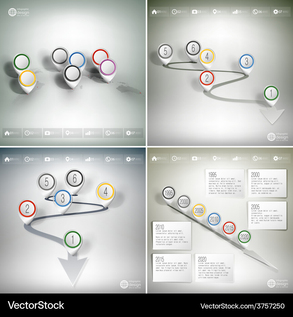 Timelines set and world map with pointer marks vector image