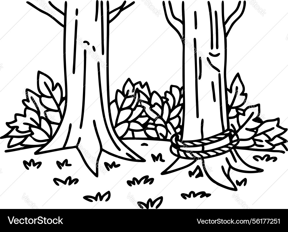 Outline of two trees with rope in forest setting Vector Image